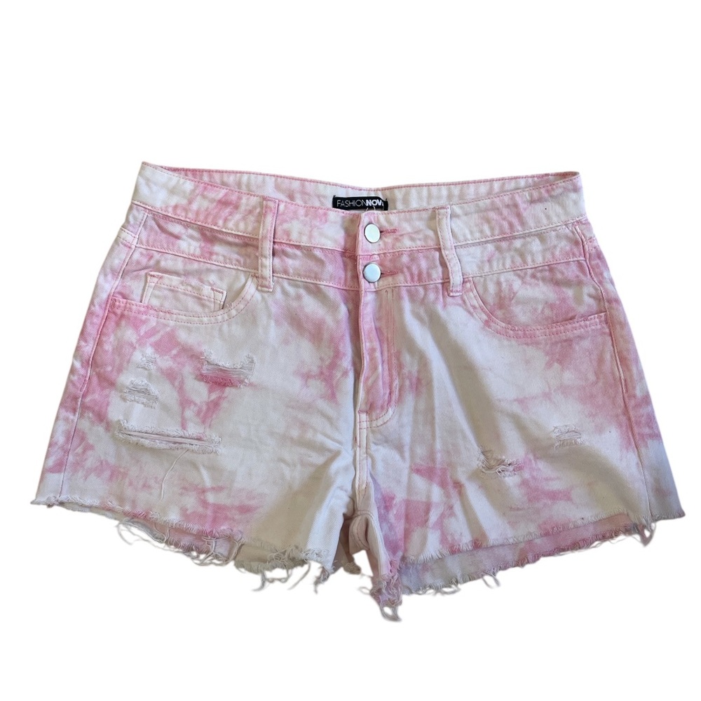 Pink and White high rise Acid Wash Cut-Off Jean Shorts,Distressed Size 9 - Picture 6 of 6